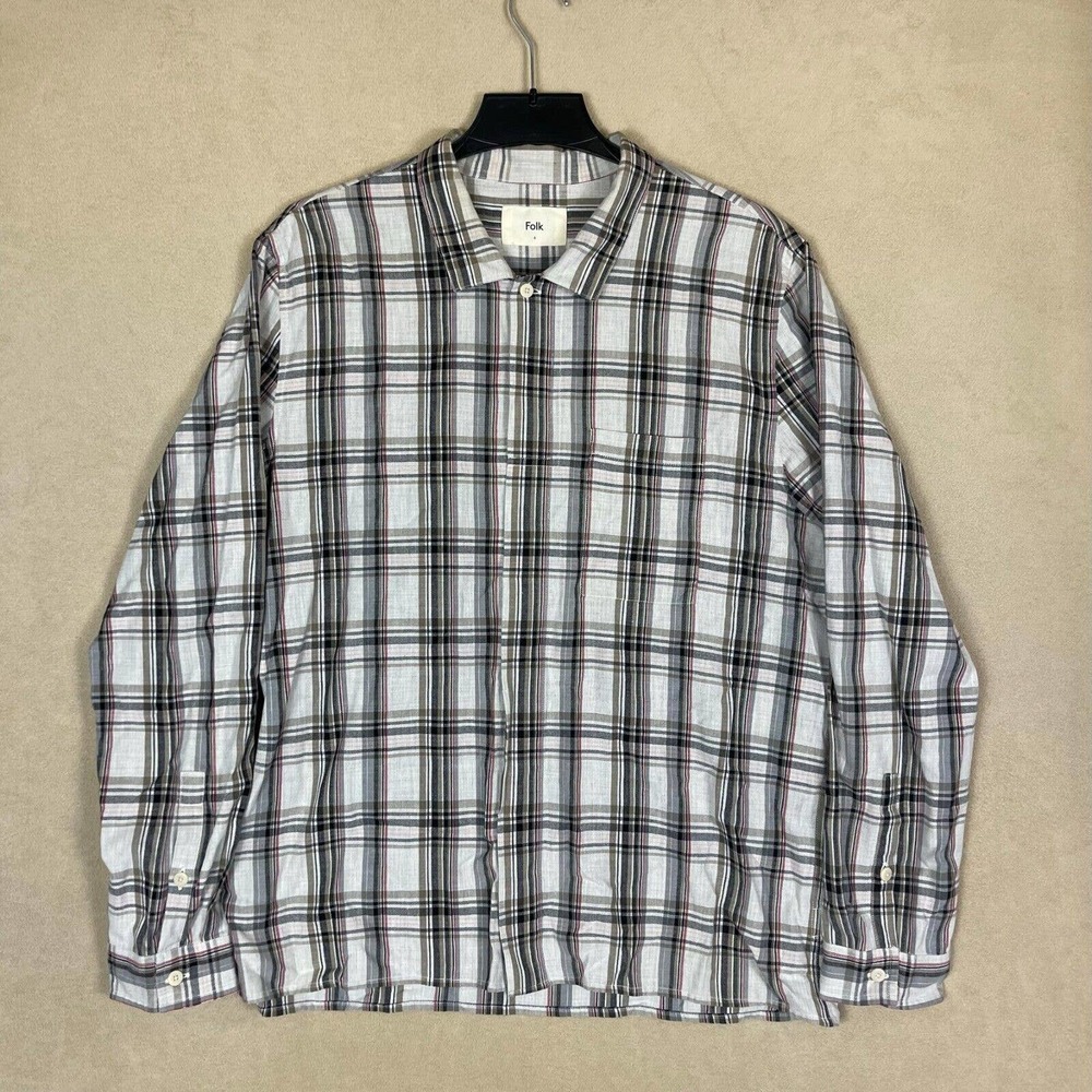 Folk Button Up Long Sleeve Cotton Shirt Mens 6 Multicolor Plaid Chest Pocket